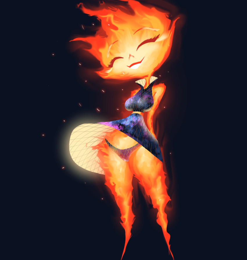 2024 absurd_res bottomwear breasts clothed clothing disney elemental_(pixar) elemental_creature elemental_humanoid ember_lumen eyes_closed female fire fire_creature fire_humanoid glowing hi_res humanoid inker_comics navel not_furry panties pear-shaped_figure pixar skirt smile solo thick_thighs underwear upskirt wide_hips