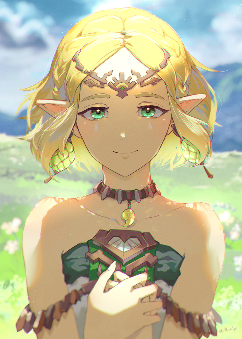 1girl aketohgo bare_shoulders bead_necklace beads blonde_hair blurry blurry_background braid circlet closed_mouth commentary_request crown_braid dangle_earrings dress earrings green_eyes highres jewelry looking_at_viewer necklace official_alternate_costume outdoors own_hands_together parted_bangs pointy_ears princess_zelda smile solo strapless strapless_dress teardrop_facial_mark the_legend_of_zelda the_legend_of_zelda:_tears_of_the_kingdom