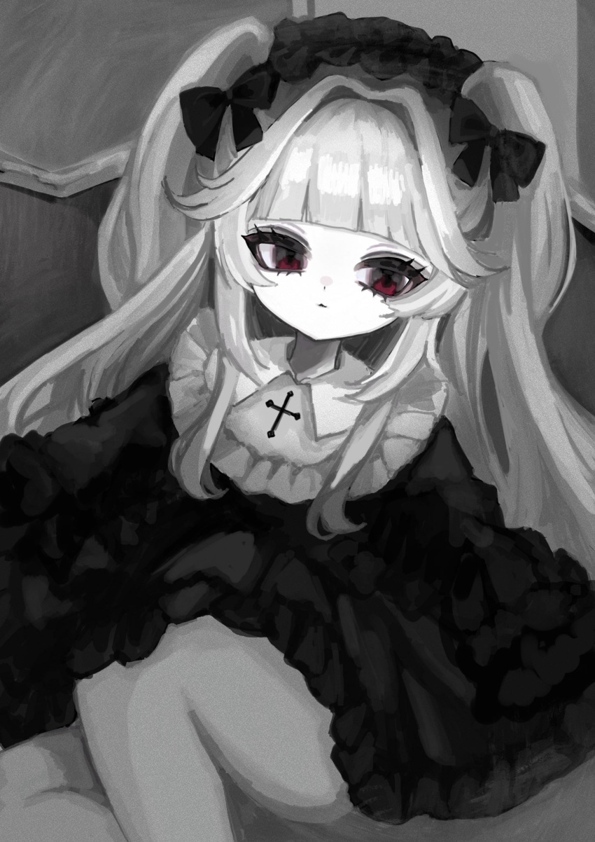 1girl blunt_bangs bow closed_mouth cross dress film_grain frilled_dress frilled_hairband frills gothic_lolita greyscale hair_bow hair_intakes hairband highres latin_cross legs lolita_fashion lolita_hairband long_hair looking_at_viewer monochrome original red_eyes revision shiona_(siona0625) sidelocks sitting solo spot_color two_side_up