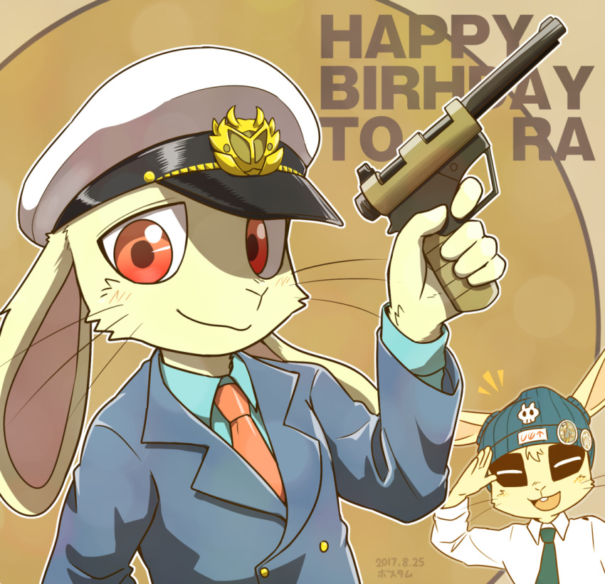 2017 5_fingers anthro black_eyeliner bosstariamuss bottomwear buckteeth carninghyen clothing duo english_text eyeliner eyes_closed fingers gesture green_necktie gun happy headgear headwear holding_gun holding_object holding_ranged_weapon holding_weapon japanese_text lagomorph leporid looking_at_viewer makeup male mammal necktie open_mouth rabbit ranged_weapon red_eyes red_necktie salute shorts teeth text weapon white_bottomwear white_clothing white_shorts