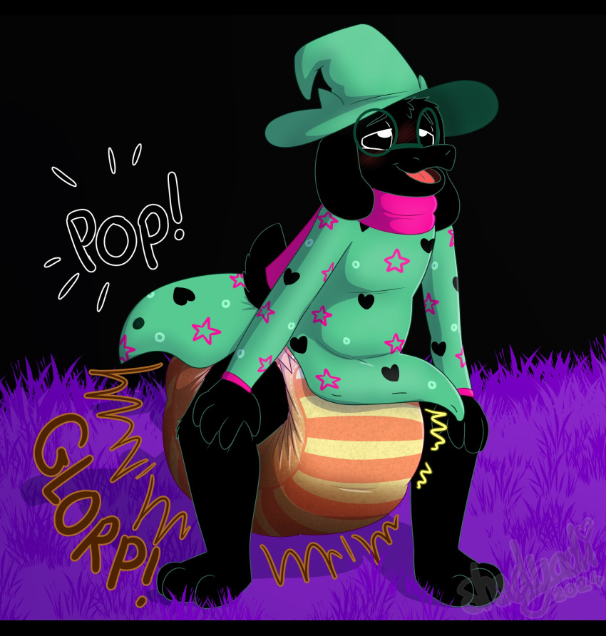 2_horns anthro black_bars black_body black_fur blush blush_lines bodily_fluids bovid button_pop caprine clothing crouching darkner deltarune diaper english_text eyewear feces floppy_ears fur genital_fluids glasses goat hands_on_knees hands_on_legs hat headgear headwear hi_res horn letterbox long_ears male mammal onesie onomatopoeia ralsei scarf shadyadi soiling solo sound_effects text undertale_(series) urine wardrobe_malfunction wet_diaper wetting wetting_diaper witch_hat