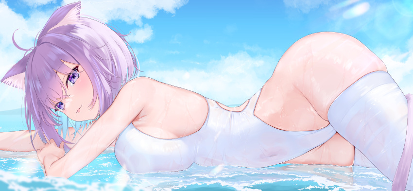 1girl absurdres ahoge animal_ear_fluff animal_ears ass bare_shoulders blue_hair blush breasts cat_ears cat_girl cat_tail colored_inner_hair covered_navel hair_between_eyes highres hololive large_breasts lying multicolored_hair nekomata_okayu on_stomach one-piece_swimsuit pantyhose purple_eyes purple_hair red_o7 solo swimsuit tail thighhighs thighs virtual_youtuber white_one-piece_swimsuit white_thighhighs