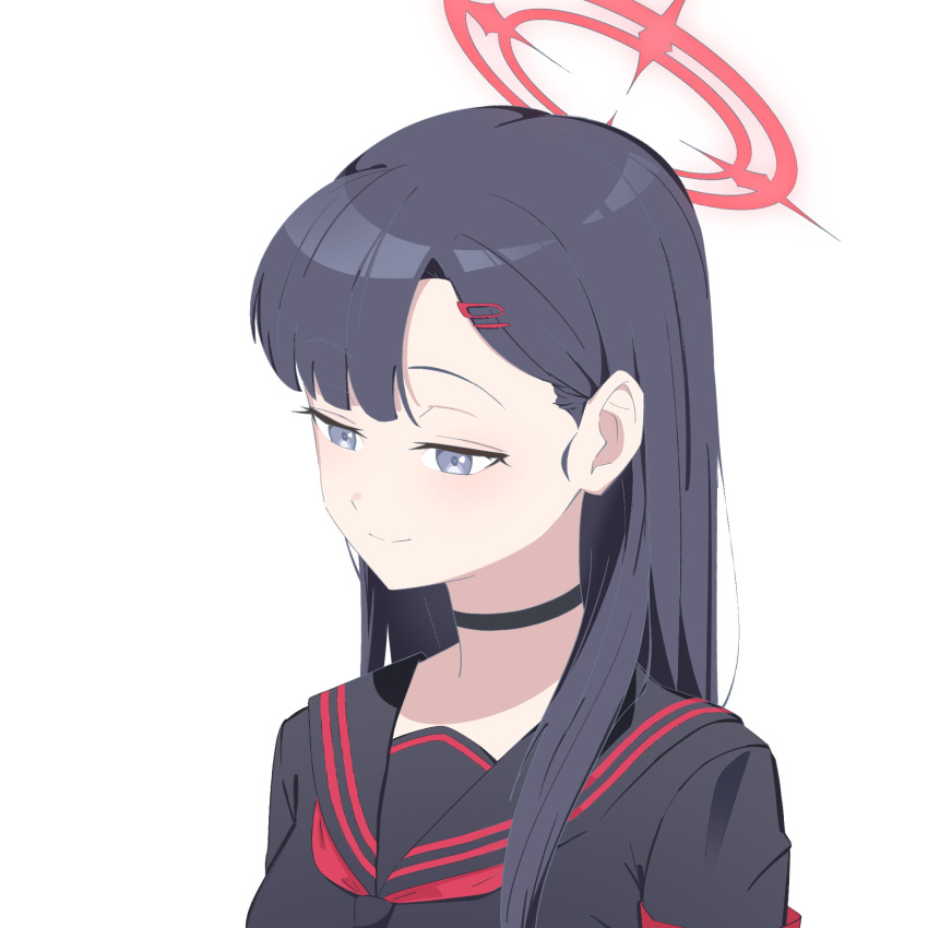 1girl armband black_choker black_hair black_sailor_collar black_serafuku blue_archive choker hair_behind_ear hair_ornament hairclip half-closed_eyes halo highres hofdechiski ichika_(blue_archive) light_smile long_hair long_sleeves looking_down neckerchief parted_lips red_armband red_halo red_neckerchief safety_pin sailor_collar school_uniform serafuku solo upper_body