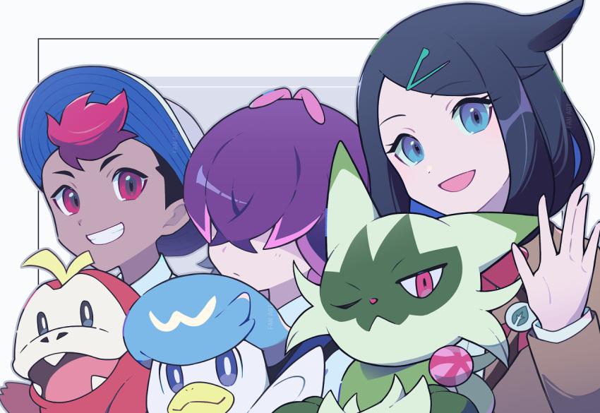 1boy 2girls :d blue_eyes brown_jacket closed_mouth commentary_request cowlick dark-skinned_male dark_skin dot_(pokemon) eyelashes floragato fuecoco grin hair_ornament hair_over_eyes hairclip hand_up hat jacket liko_(pokemon) long_sleeves multiple_girls open_mouth pokemon pokemon_(anime) pokemon_(creature) pokemon_horizons purple_hair quaxly roy_(pokemon) sasa_kado_(redbluemoon74) school_uniform shirt smile teeth