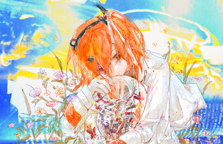 1girl a.i._voice abstract_background adachi_rei blue_background closed_mouth flower gloves grass hair_between_eyes hair_ornament hair_ribbon hairclip half-closed_eyes hanazono_(fishcemetery) headlamp highres holding_orb hood hood_down hooded_jacket jacket long_sleeves looking_at_viewer mechanical_heart medium_hair multicolored_background one_side_up orange_eyes orange_hair pink_flower purple_flower radio_antenna ribbon solo upper_body utau white_gloves white_jacket white_ribbon yellow_background yellow_flower