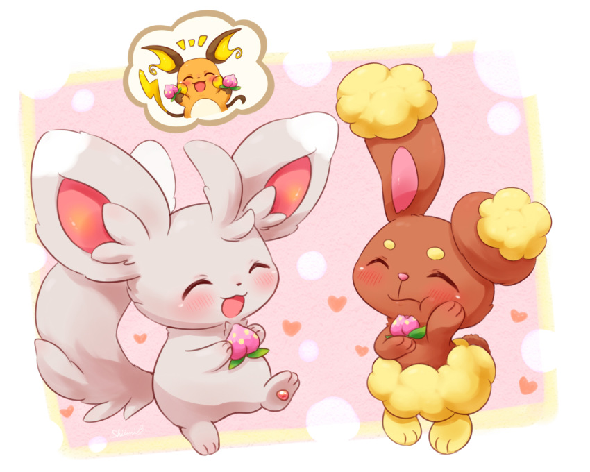 berry_(pokemon) blush buneary closed_eyes closed_mouth eating food highres holding holding_food minccino no_humans open_mouth pokemon pokemon_(creature) raichu shii_(no-va_could) smile