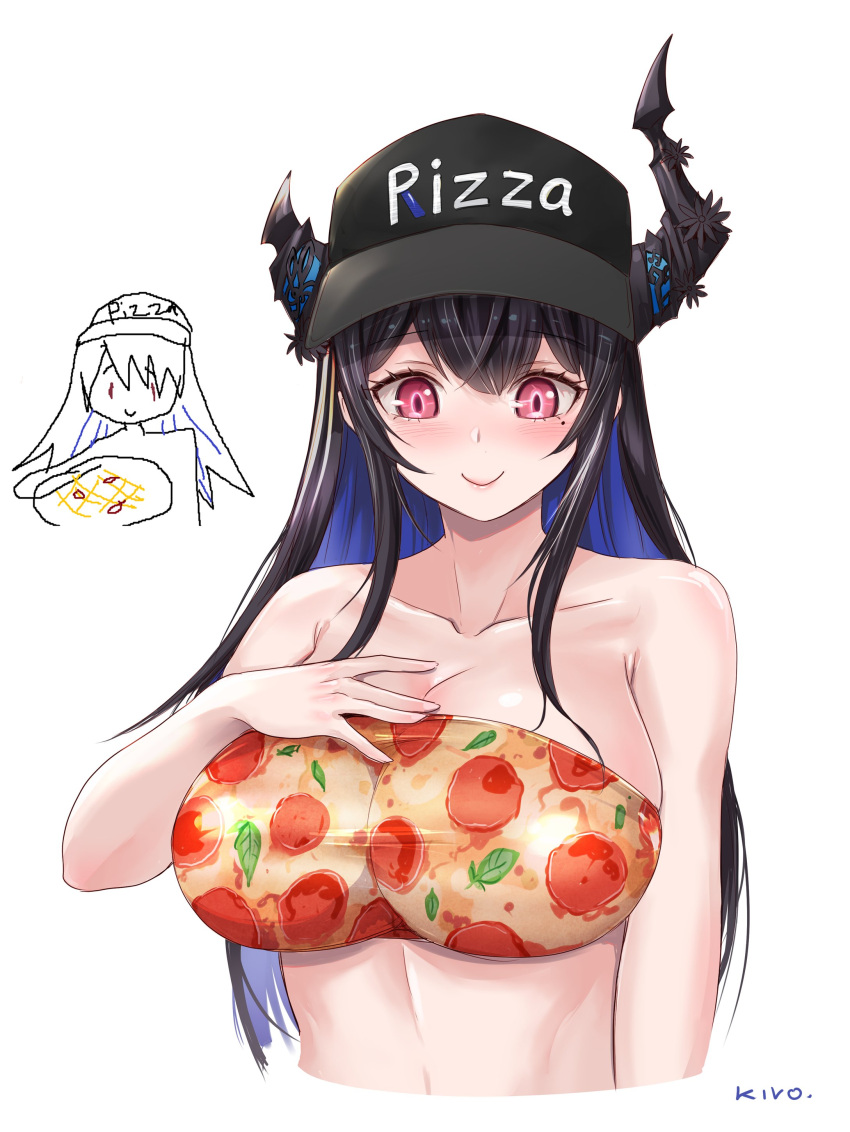 1girl absurdres asymmetrical_horns bandeau bare_shoulders black_hair blue_hair blush breasts cleavage colored_inner_hair cropped_torso demon_horns food food-themed_clothes food_print highres hololive hololive_english horns kivo large_breasts long_hair looking_at_viewer mole mole_under_eye multicolored_hair nerissa_ravencroft pizza pizza_print red_eyes smile strapless tube_top two-tone_hair uneven_horns upper_body virtual_youtuber