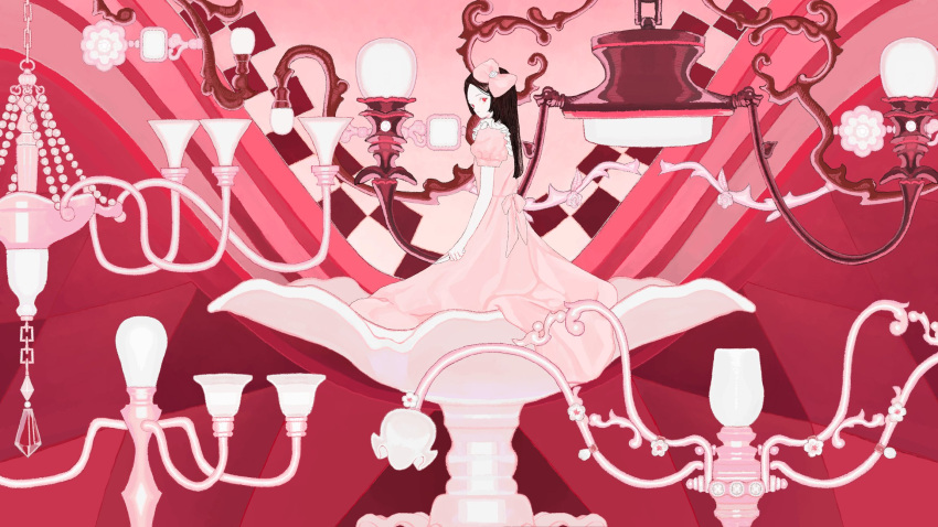 1girl bow brown_hair chandelier dress hair_bow highres holding holding_knife knife long_dress long_hair looking_at_viewer original pink_bow pink_dress puffy_short_sleeves puffy_sleeves red_eyes red_theme short_sleeves skna_i solo straight_hair wide_shot