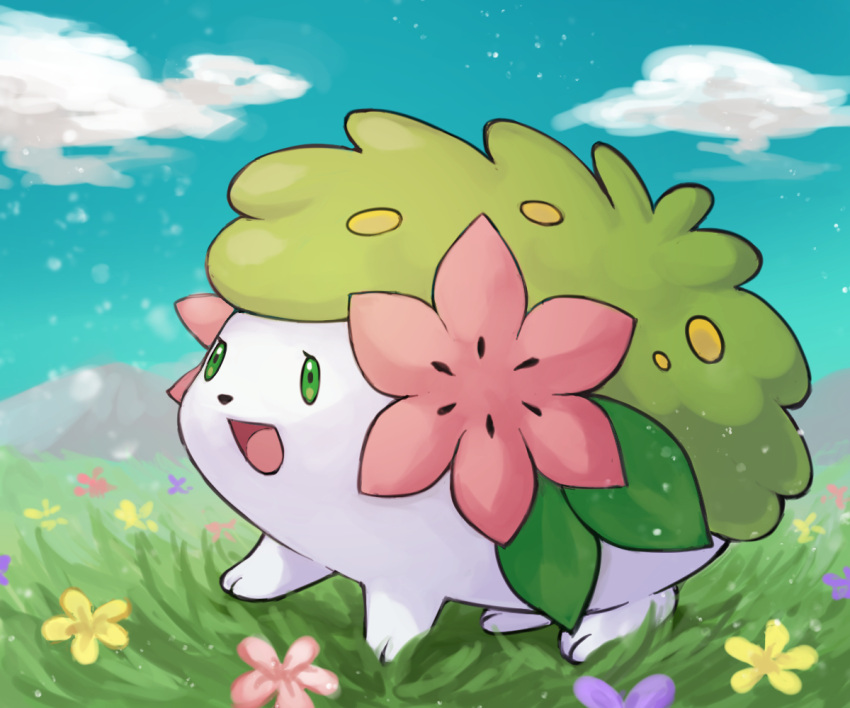 :d blue_sky cloud commentary_request day flower grass green_eyes hazuki_(nyorosuke) no_humans open_mouth pink_flower pokemon pokemon_(creature) purple_flower shaymin shaymin_(land) sky smile yellow_flower