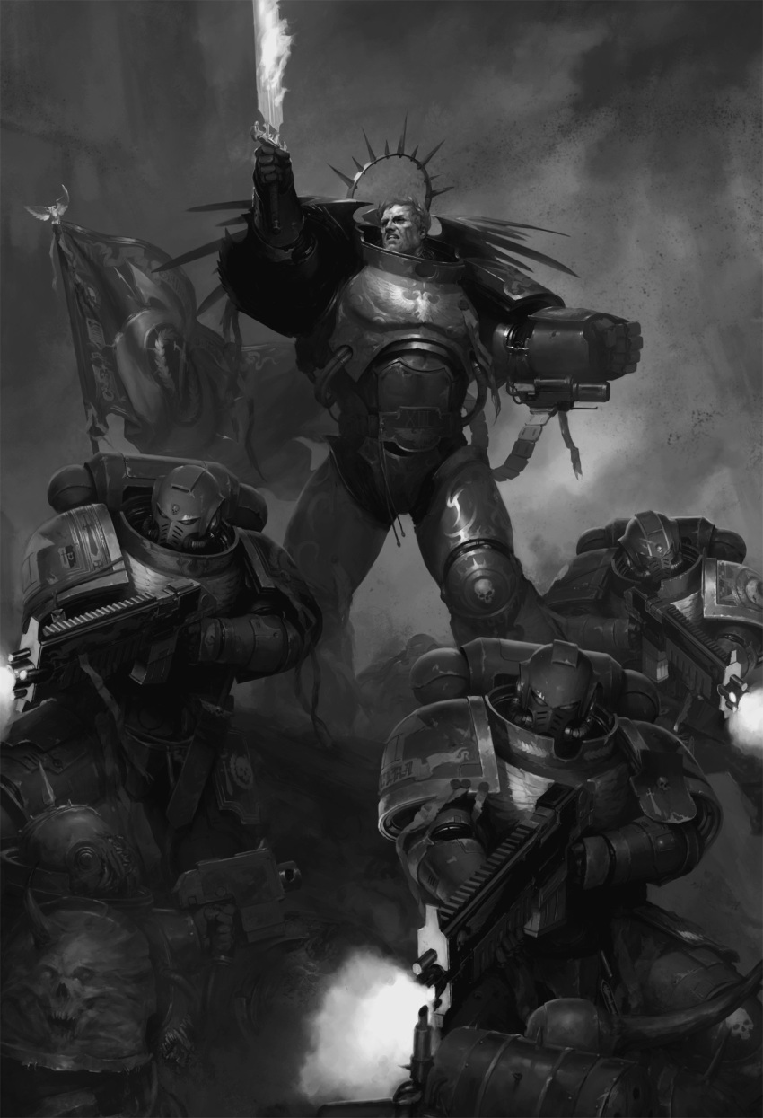 6+boys adeptus_astartes armor armor_of_fate_(warhammer) battle bird blonde_hair bug chaos_(warhammer) chaos_space_marine commentary death_guard eagle emperor's_sword_(warhammer) english_commentary firing full_armor greyscale halo highres holding holding_bolter igor_sid imperial_aquila imperium_of_man laurel_crown mechanical_halo monochrome multiple_boys outdoors pauldrons plague_marine power_armor primarch purity_seal red_eyes roboute_guilliman rot_fly short_hair shoulder_armor solo_focus standing ultramarines warhammer_40k waving_flag