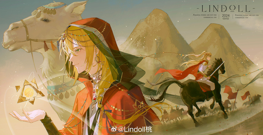 1boy absurdres alkaid_mcgrath armor army black_footwear blonde_hair boots braid camel cape chinese_clothes closed_mouth cloud earrings flag gold_collar green_eyes hair_between_eyes hair_over_shoulder half_updo head_chain headband highres holding holding_sword holding_weapon hood hood_up hooded_cape hoop_earrings horse horseback_riding jewelry lindoll long_hair long_sleeves looking_ahead looking_at_viewer looking_to_the_side lovebrush_chronicles male_focus mountain multiple_views necklace object_floating_above_hand pants parted_lips people red_cape red_headband riding shoulder_armor single_braid sky smile sword triangle tunic upper_body waist_cape weapon white_pants white_tunic