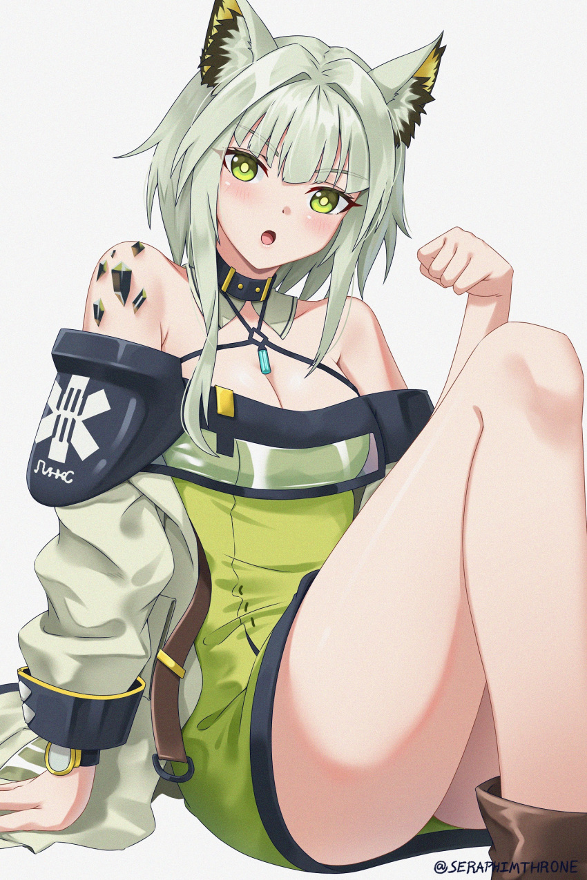 1girl :o animal_ears arknights arm_support bare_shoulders breasts cat_ears cleavage commentary_request criss-cross_halter dress green_dress green_eyes green_hair grey_background hair_intakes halterneck hand_up highres kal'tsit_(arknights) knee_up looking_at_viewer material_growth open_mouth oripathy_lesion_(arknights) seraphim_throne short_dress short_hair simple_background sitting solo thighs