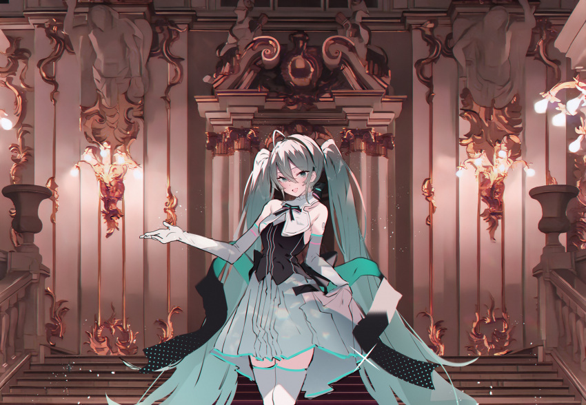 1girl :d ahoge aqua_eyes aqua_hair aqua_skirt bare_shoulders black_bow black_ribbon black_shirt blush bow elbow_gloves gloves hand_up hatsune_miku highres holding holding_clothes holding_skirt indoors long_hair looking_at_viewer open_mouth ribbon shirt skirt sleeveless sleeveless_shirt smile solo soukou_makura stairs standing thighhighs twintails very_long_hair vocaloid white_gloves white_thighhighs zettai_ryouiki