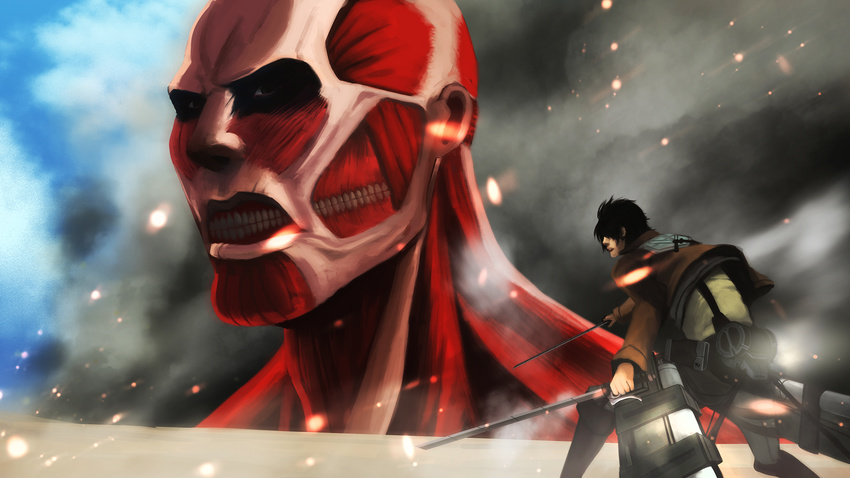 colossal_titan dual_wielding emblem eren_yeager exposed_muscle faceoff giant highres holding nine-bullet-revolver paradis_military_uniform shingeki_no_kyojin size_difference sword three-dimensional_maneuver_gear training_corps_(emblem) uniform weapon