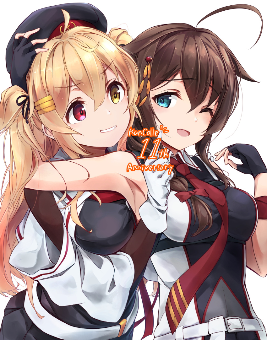 2girls ahoge beret black_gloves black_hat black_shirt black_skirt blue_eyes braid breasts brown_eyes brown_hair cheek_poking chest_harness commentary_request fingerless_gloves gloves gradient_hair hair_between_eyes hair_flaps hair_ornament hair_over_shoulder hairpin happy_anniversary harness hat heterochromia highres hug hug_from_behind kantai_collection large_breasts light_brown_hair long_hair minosu multicolored_hair multiple_girls murasame_(kancolle) murasame_kai_ni_(kancolle) necktie one_eye_closed poking red_eyes red_necktie sailor_collar school_uniform shigure_(kancolle) shigure_kai_san_(kancolle) shirt single_braid skirt sleeveless sleeveless_shirt smile two-tone_shirt two_side_up white_background white_sailor_collar white_shirt yellow_eyes