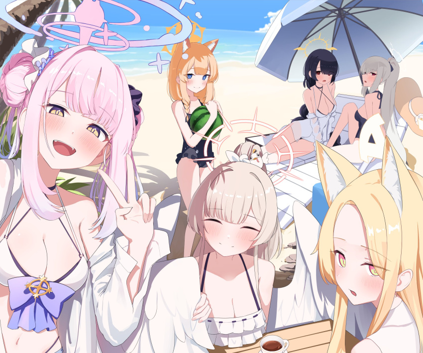 6+girls :d ^_^ alternate_costume alternate_hairstyle angel_wings animal_ear_fluff animal_ears beach beach_chair beach_umbrella bikini black_hair black_one-piece_swimsuit blonde_hair blue_archive blue_eyes blue_sky blunt_bangs blurry braid breasts brown_hair cat_ears cat_girl cleavage closed_eyes cloud cloudy_sky collared_shirt commentary_request cosplay daran9 depth_of_field double_bun extra_ears feathered_wings flower forehead fox_ears fox_girl grey_hair hair_between_eyes hair_bun hair_down hair_flower hair_ornament hair_over_one_eye hair_scrunchie halo hifumi_(blue_archive) hifumi_(blue_archive)_(cosplay) hifumi_(swimsuit)_(blue_archive) highres hinata_(blue_archive) hinata_(swimsuit)_(blue_archive) horizon large_breasts long_hair looking_at_viewer mari_(blue_archive) mari_(swimsuit)_(blue_archive) mika_(blue_archive) multiple_girls nagisa_(blue_archive) navel ocean official_alternate_costume official_alternate_hairstyle one-piece_swimsuit open_clothes open_shirt orange_eyes orange_hair outdoors parted_bangs pink_hair red_eyes sakurako_(blue_archive) scrunchie seia_(blue_archive) selfie shirt sidelocks single_braid sisterhood_(blue_aechive) sitting sky smile spaghetti_strap stomach swimsuit tea_party_(blue_archive) umbrella v white_bikini white_one-piece_swimsuit white_shirt white_wings wings yellow_eyes