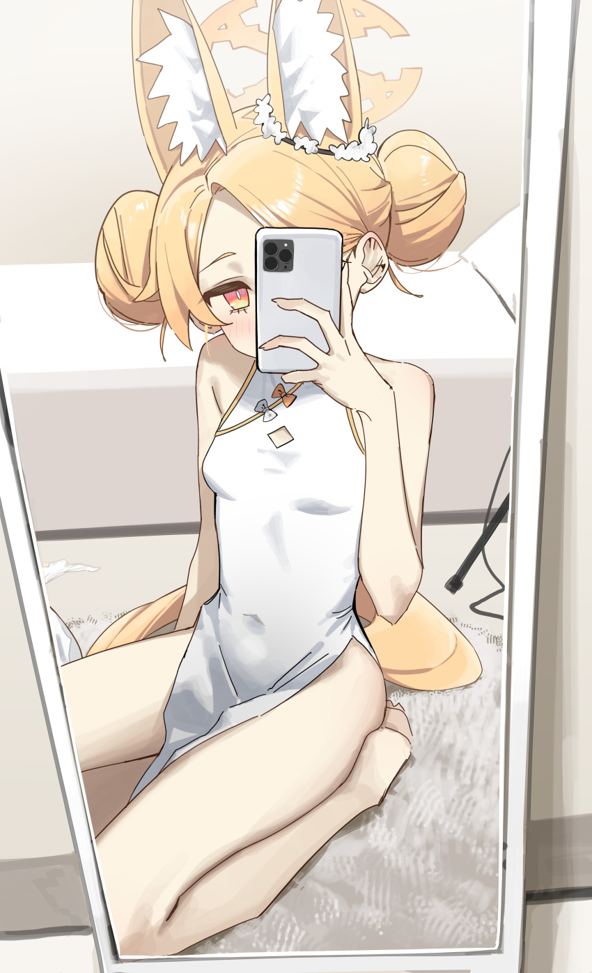 1girl absurdres alternate_costume alternate_hairstyle animal_ear_fluff animal_ears bare_arms bare_shoulders barefoot bed blonde_hair blue_archive blush breasts cellphone china_dress chinese_clothes commentary covered_navel double_bun dress extra_ears fox_ears fox_girl hair_bun halo hand_up highres holding holding_phone indoors looking_at_viewer mirror orange_eyes pelvic_curtain phone red_eyes reflection seia_(blue_archive) seiza selfie sitting sleeveless sleeveless_dress small_breasts solo swept_bangs syhan thighs wariza white_dress yellow_halo