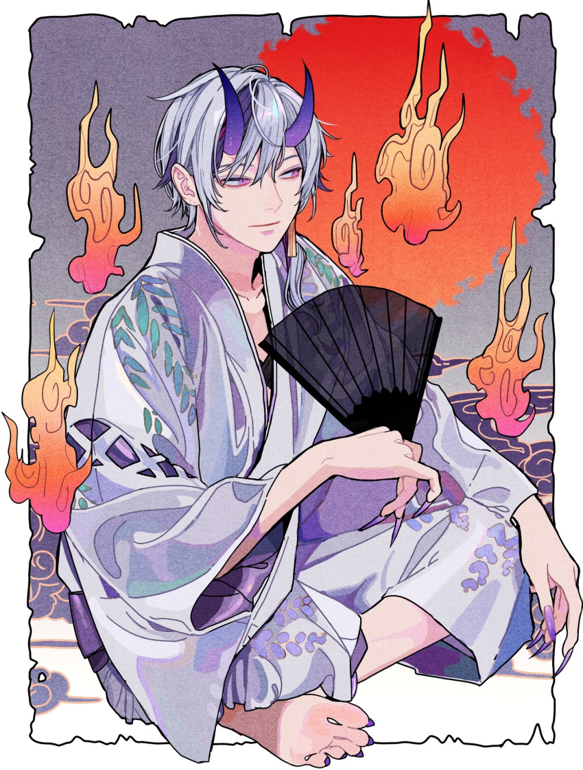 1boy barefoot blue_hair blue_horns closed_mouth crossed_legs demon_boy earrings fingernails hand_fan hand_on_own_knee highres holding holding_fan horns japanese_clothes jewelry keiko_(um7mr1) kimono light_blue_hair looking_to_the_side male_focus multicolored_hair original outside_border sharp_fingernails sharp_toenails short_hair single_earring solo streaked_hair toenails very_long_fingernails will-o'-the-wisp_(mythology) xiangyun