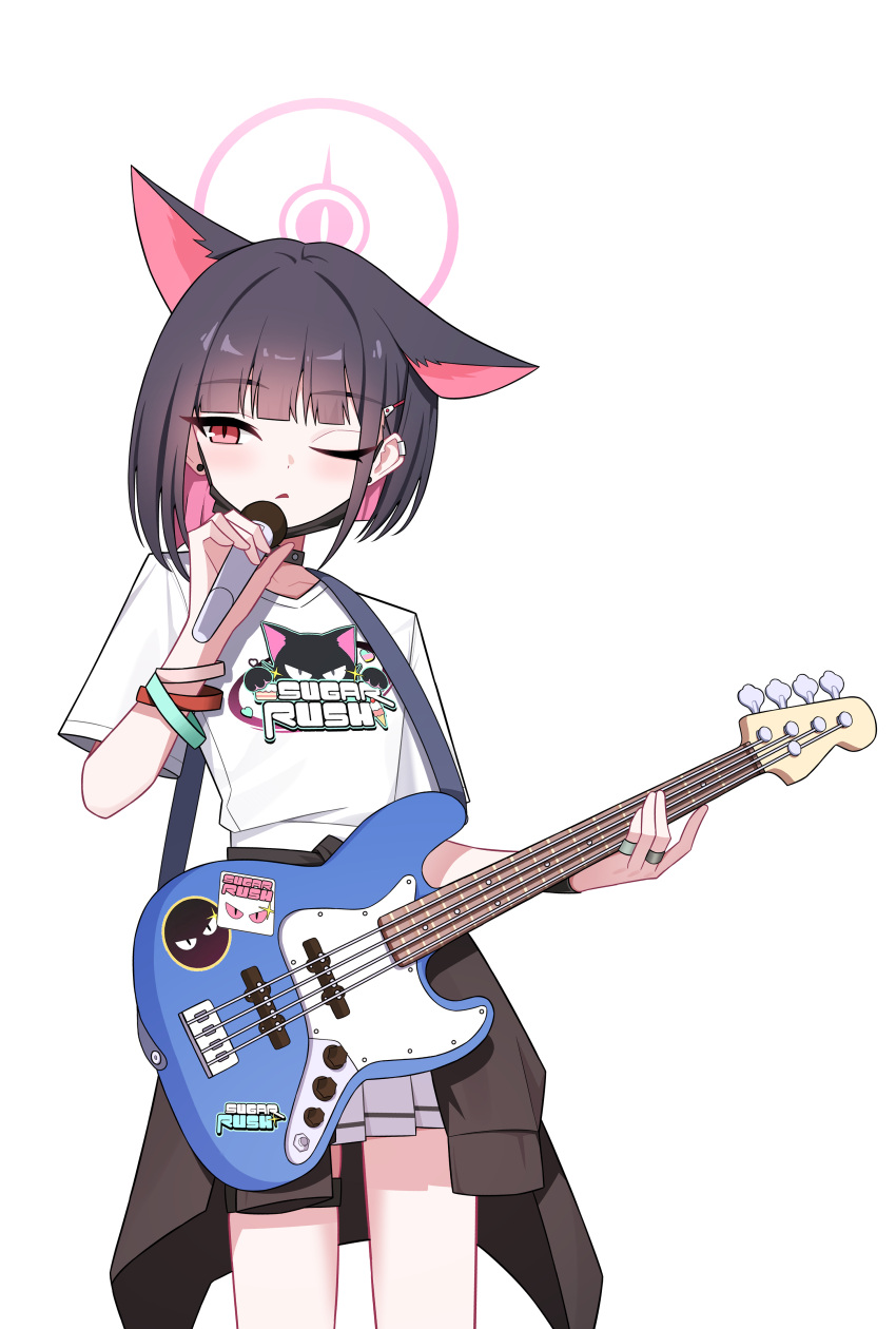 1girl ;o absurdres animal_ears bass_guitar black_cardigan black_hair blue_archive blush bracelet cardigan cardigan_around_waist cat_ears clothes_around_waist colored_inner_hair earrings extra_ears halo highres holding holding_bass holding_microphone instrument jewelry kazusa_(band)_(blue_archive) kazusa_(blue_archive) logo microphone multicolored_hair nord_(expc4752) one_eye_closed pink_eyes pleated_skirt print_shirt ring shirt short_hair short_sleeves simple_background skirt solo stud_earrings two-tone_hair white_background white_shirt white_skirt
