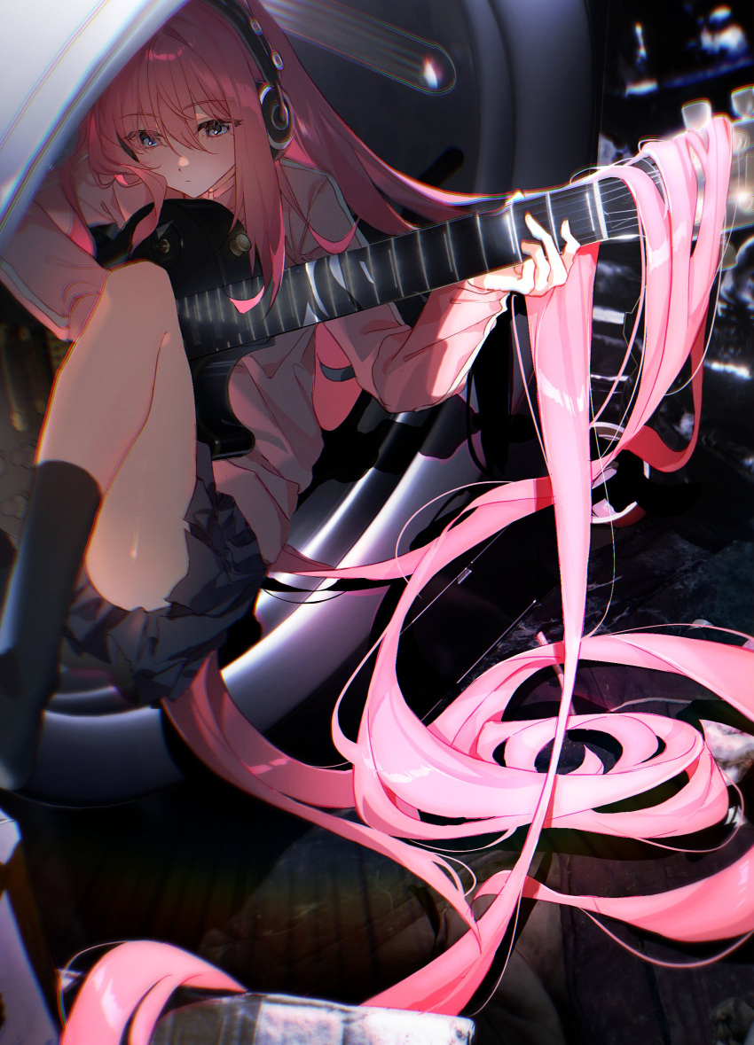 1girl absurdres black_socks blue_eyes bocchi_the_rock! breasts chromatic_aberration closed_mouth commentary_request film_grain gotoh_hitori grey_skirt hair_between_eyes headphones highres jacket kneehighs long_hair pink_hair pink_jacket playing_guitar pleated_skirt pong_(pong_o0) school_uniform sidelocks skirt socks solo very_long_hair