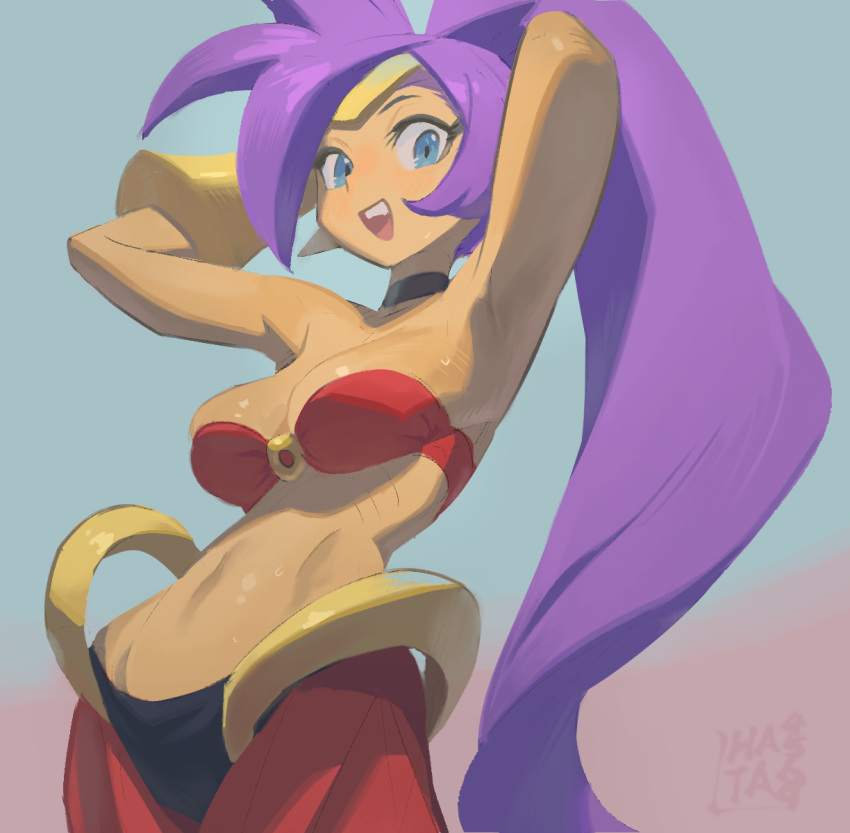 1girl armpits arms_behind_head blue_eyes breasts cowboy_shot dark-skinned_female dark_skin hata4564 high_ponytail highres long_hair looking_at_viewer medium_breasts pants pointy_ears purple_hair red_pants red_tube_top shantae shantae_(series) solo strapless tube_top very_long_hair