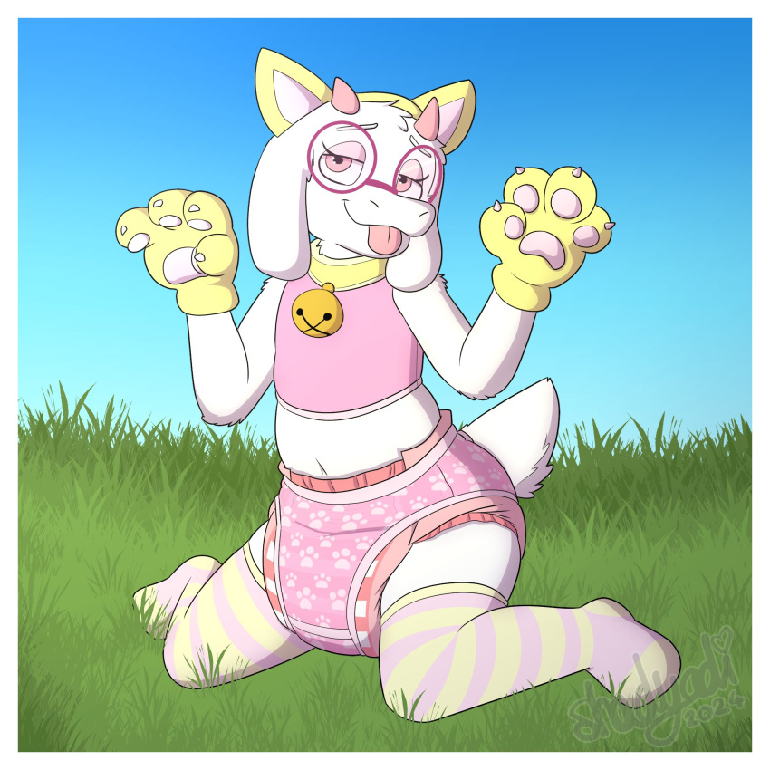 accessory anthro bell bell_collar bovid caprine clean_diaper clothing collar crop_top darkner deltarune diaper diaper_under_underwear eyelashes eyeshadow gloves goat handwear headband hi_res makeup male mammal on_grass on_ground pantsless_male paw_gloves pink_eyeshadow ralsei shadyadi shirt sitting solo tongue tongue_out topwear undertale_(series) underwear