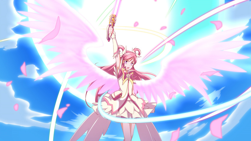 angel_wings bike_shorts cloud cure_dream cure_fleuret day determined dress energy_sword eyelashes flying hair_ornament hair_ribbon hair_rings half_updo jabara_tornado looking_at_viewer magical_girl open_mouth pink_eyes pink_hair precure ribbon shining_dream shirt shorts shorts_under_skirt skirt sky solo sun sword twintails weapon wings yes!_precure_5 yes!_precure_5_gogo! yumehara_nozomi