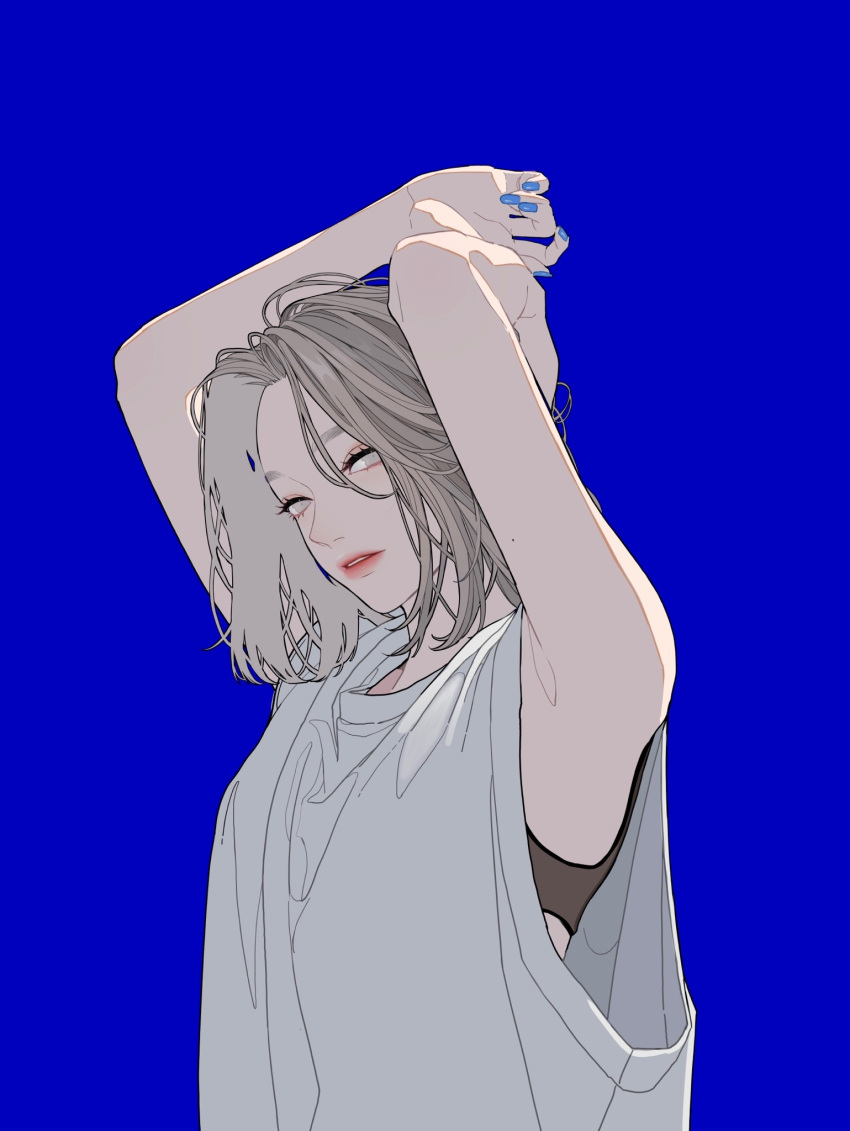 1girl arm_behind_head blue_background blue_nails bra bra_peek expressionless grey_hair grey_sweater highres keiko_(um7mr1) looking_at_viewer medium_hair original simple_background sleeveless sleeveless_sweater solo sweater three_quarter_view underwear upper_body