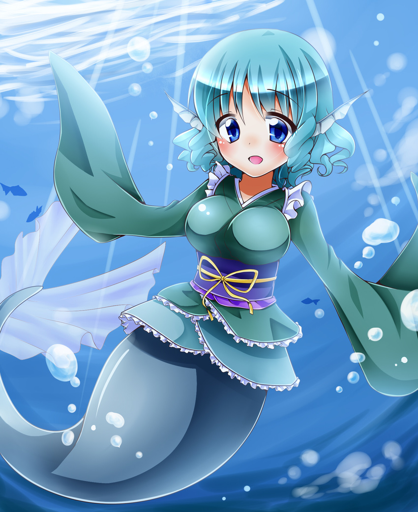 animal_ears blue_eyes blue_hair blush head_fins highres japanese_clothes kimono long_sleeves mermaid monster_girl obi open_mouth sash short_hair smile solo touhou underwater wakasagihime water wide_sleeves