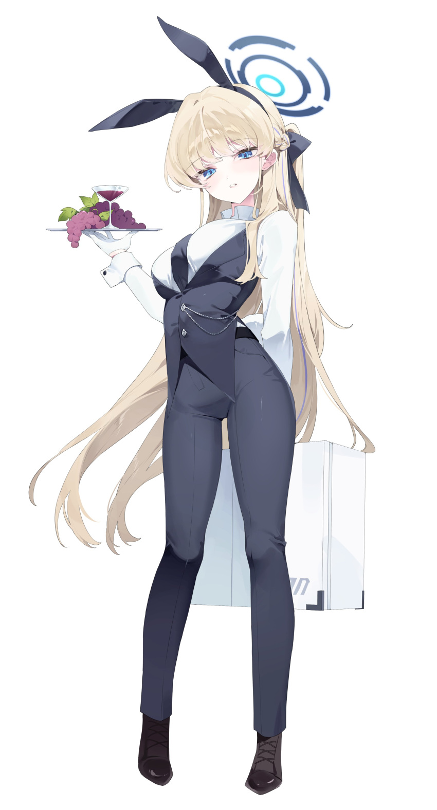 1girl absurdres alternate_costume animal_ears arms_behind_back black_bow black_hairband black_pants blonde_hair blue_archive blue_eyes bow butler fake_animal_ears female_butler full_body gloves hair_bow hairband halo highres holding holding_suitcase long_hair long_sleeves looking_at_viewer meunhongcha pants parted_lips rabbit_ears shirt simple_background solo standing suitcase toki_(blue_archive) white_background white_gloves white_shirt