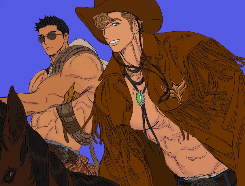2boys adam's_apple alternate_costume ao_isami bara bare_pectorals black_hair blonde_hair couple cowboy_hat cowboy_western facial_hair hair_over_one_eye haohaoci hat highres large_pectorals lewis_smith looking_at_viewer male_focus multiple_boys muscular muscular_male pectorals sash sideburns_stubble stubble sunglasses thick_eyebrows three_quarter_view topless_male yaoi yuuki_bakuhatsu_bang_bravern