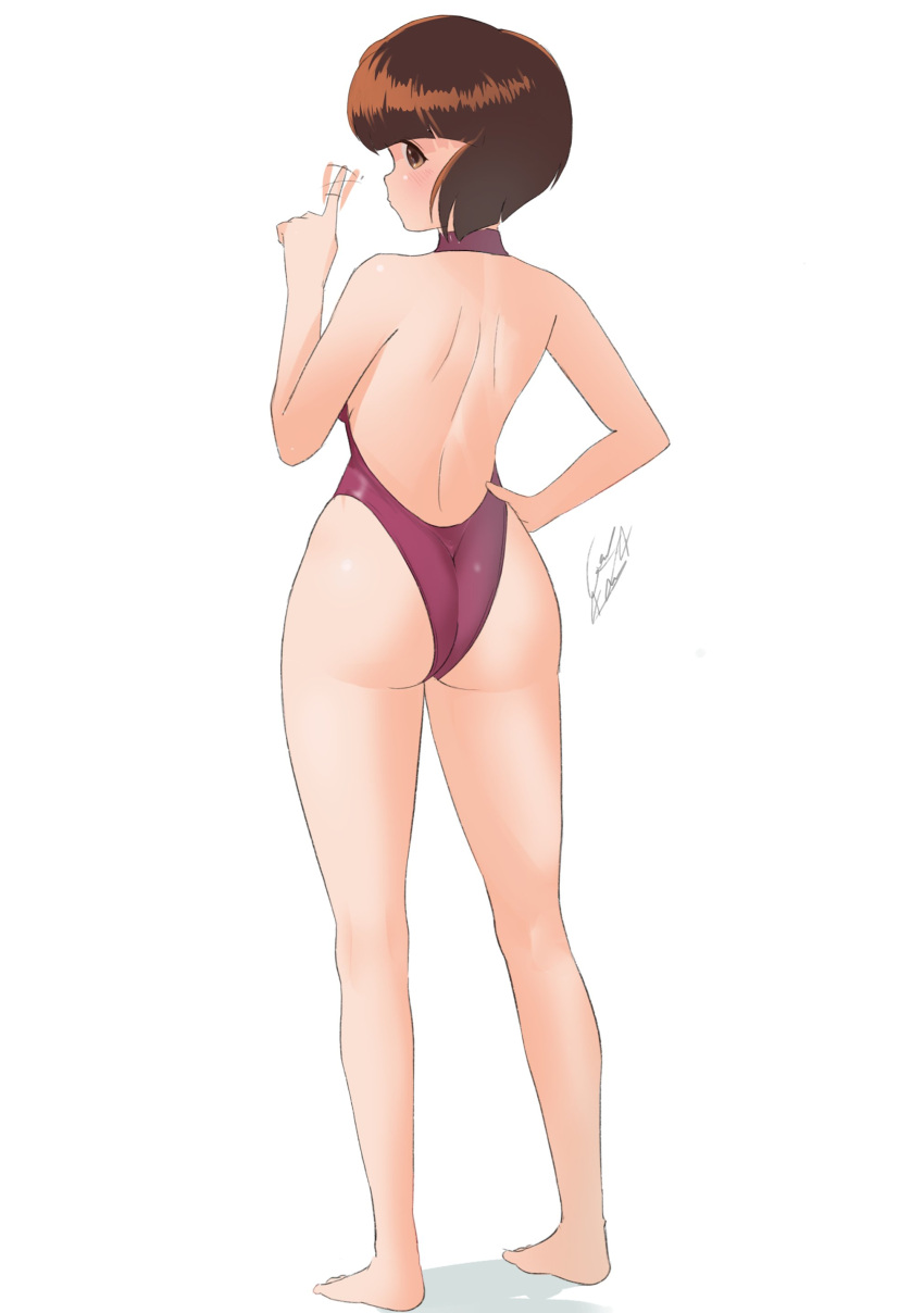 1girl absurdres ass back barefoot brown_eyes brown_hair from_behind full_body geraldjess1 highres looking_at_viewer looking_back one-piece_swimsuit ranma_1/2 simple_background solo swimsuit tendou_nabiki white_background