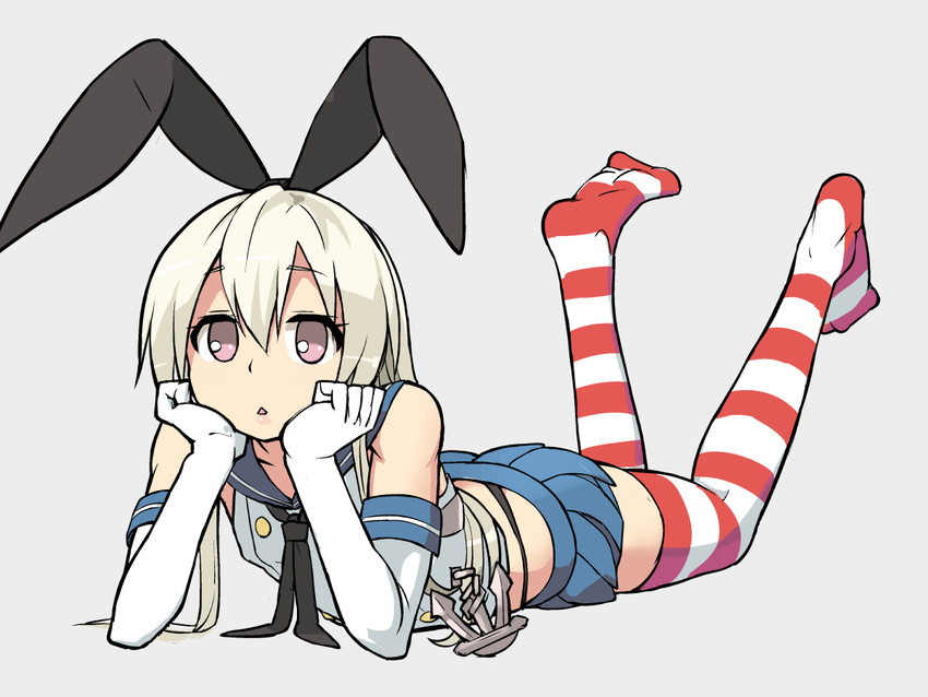 anchor black_panties blonde_hair elbow_gloves flat_chest gloves hair_ornament hair_ribbon highleg highleg_panties kantai_collection long_hair lying on_stomach panties pink_eyes ribbon sailor_collar shimakaze_(kantai_collection) skirt solo striped striped_legwear thighhighs triangle_mouth underwear white_gloves yuugiri