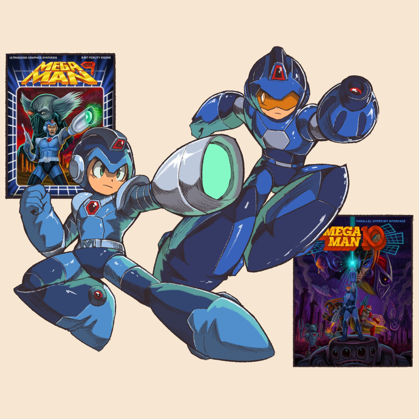 2boys adapted_costume arm_cannon armor assault_visor blue_armor blue_bodysuit blue_footwear blue_helmet bodysuit boots chest_jewel clenched_hand english_commentary forehead_jewel helmet highres mega_buster mega_man_(character) mega_man_(classic) mega_man_(series) mega_man_10 mega_man_9 multiple_boys multiple_views orange-tinted_eyewear outstretched_arm powering_up serious souldroids tinted_eyewear weapon