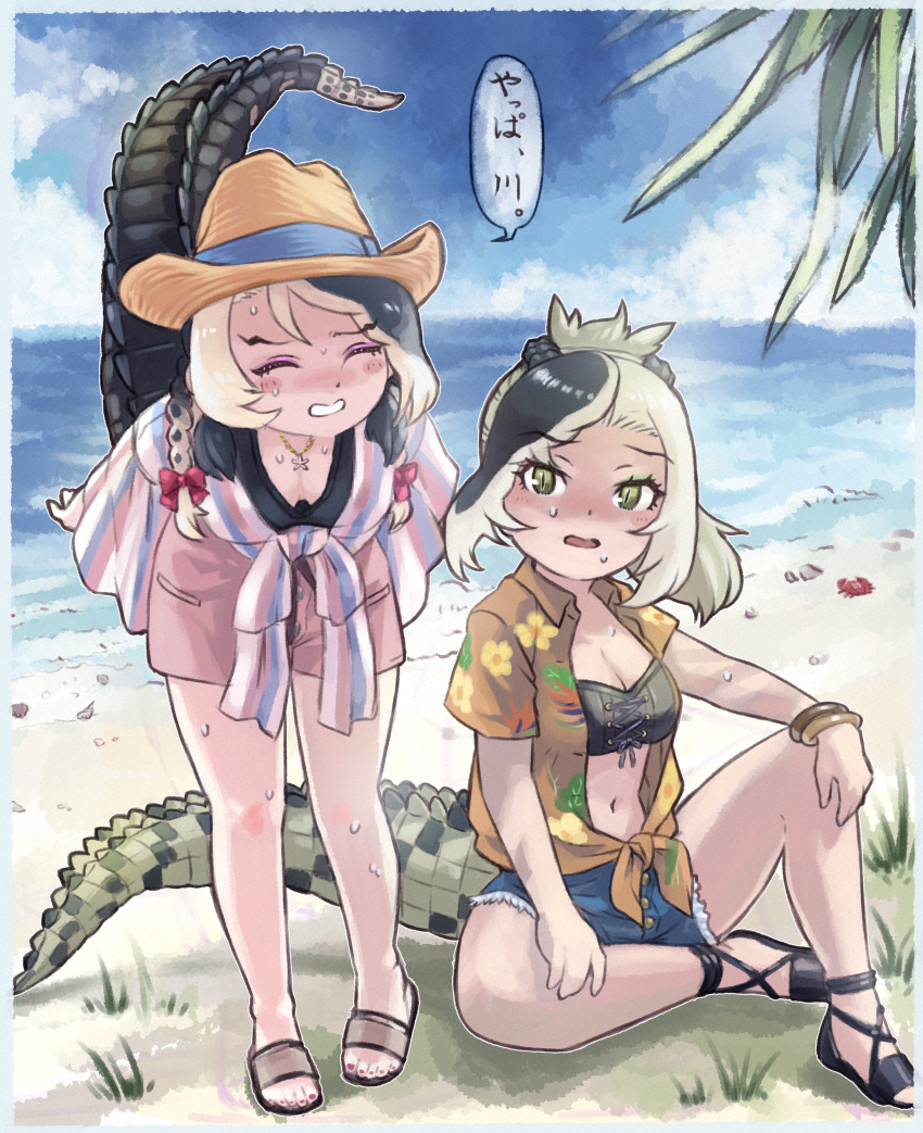 2girls absurdres american_alligator_(kemono_friends) asymmetrical_hair bare_arms bare_legs beach bent_over blonde_hair blue_shorts blue_sky border bra braid breasts buttons cleavage closed_eyes collared_shirt crocodilian_tail cutoffs day denim denim_shorts downblouse full_body green_eyes green_hair hat highres horizon hot jewelry kemono_friends knee_up legs_apart long_hair looking_at_viewer multicolored_hair multiple_girls navel ocean official_alternate_costume open_mouth outdoors pendant pink_shorts red_nails saltwater_crocodile_(kemono_friends) sandals shirt short_shorts short_sleeves shorts sitting sky slit_pupils smile spread_legs standing stomach summer sweat tail tied_shirt toenails toes toriny two-tone_hair underwear water white_border wing_collar wrist_wings