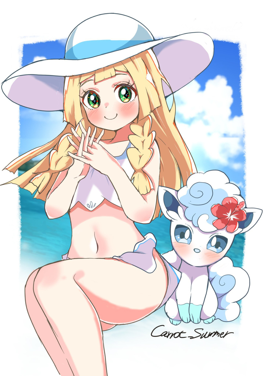 1girl alolan_vulpix blonde_hair blush braid closed_mouth cloud commentary_request day eyelashes flower green_eyes hands_up hat highres interlocked_fingers lillie_(pokemon) long_hair lop_shauntal2 navel outdoors pokemon pokemon_(anime) pokemon_(creature) pokemon_sm_(anime) sky smile summer sun_hat swimsuit thighs twin_braids white_hat