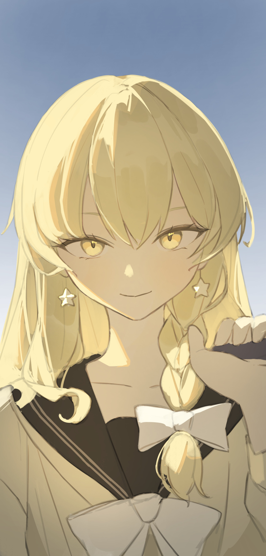 1girl absurdres bag black_eyeliner bow braid collarbone earrings eyelashes eyeliner hair_between_eyes hair_bow handbag highres jewelry kirisame_marisa lantanine long_sleeves makeup school_uniform shirt side_braid single_braid smile solo star_(symbol) star_earrings touhou white_bow yellow_shirt