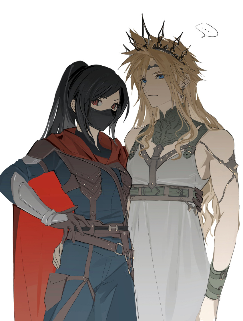 ... 1boy 1girl absurdres alternate_hairstyle arm_around_waist bare_shoulders black_hair blonde_hair blue_eyes blue_jacket blue_pants bracelet cape closed_mouth cloud_strife cloud_strife_(alphreid_costume) cloud_strife_(cosplay) cosplay costume_switch cowboy_shot crossdressing crown dress duoj_ji earrings final_fantasy final_fantasy_vii final_fantasy_vii_rebirth final_fantasy_vii_remake hand_on_another's_hip high_ponytail highres jacket jewelry long_hair looking_at_viewer mask mouth_mask official_alternate_costume pants ponytail princess_rosa_costume red_cape red_eyes sidelocks simple_background spiked_hair spoken_ellipsis tiara tifa_lockhart tifa_lockhart_(cosplay) tifa_lockhart_(loveless_dress) white_dress