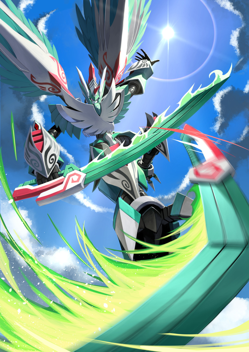 1boy absurdres armor bakeneko38 bird cloud digimon digimon_(creature) energy_sword feathered_wings flying from_below green_armor green_wings highres holding holding_sword holding_weapon horns incoming_attack knight midair outstretched_arm single_horn sky solo sun sunlight sword weapon wings zephagamon