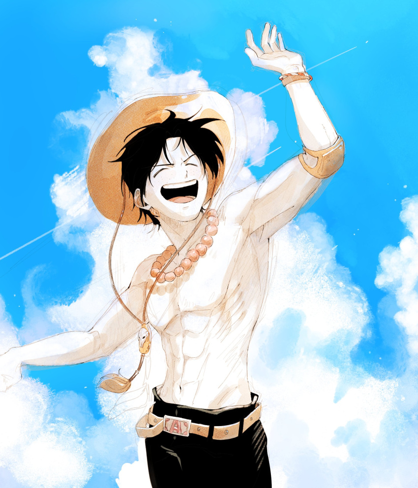 1boy ^_^ arms_up belt black_hair black_shorts bracelet c_a_k_e closed_eyes cloud commentary_request elbow_pads highres jewelry korean_commentary male_focus necklace one_piece open_mouth orange_belt pearl_necklace portgas_d._ace short_hair shorts single_elbow_pad sky smile solo topless_male