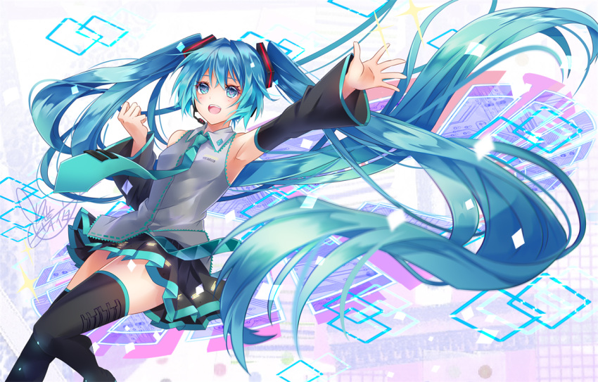 1girl :d armpits black_skirt black_sleeves black_thighhighs blue_eyes blue_hair blue_necktie collared_shirt detached_sleeves dress_shirt floating_hair grey_shirt hair_between_eyes hatsune_miku headset long_hair long_sleeves microphone miniskirt necktie open_mouth outstretched_arm outstretched_hand pleated_skirt shirt skirt sleeveless sleeveless_shirt smile solo thighhighs twintails tyouya very_long_hair vocaloid wing_collar zettai_ryouiki