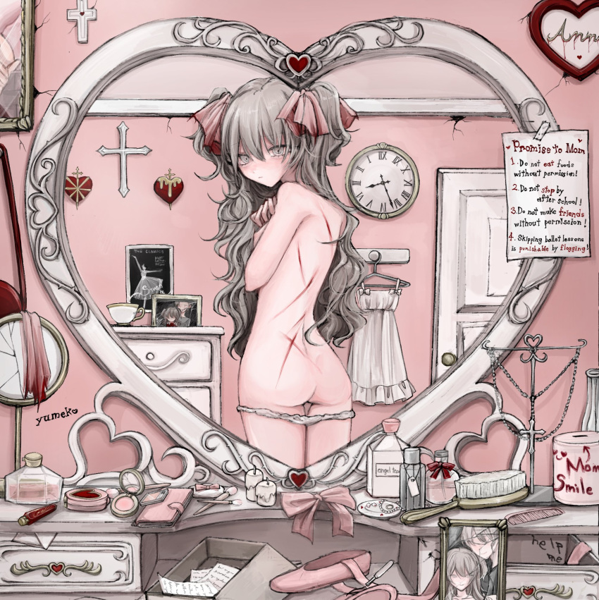 1girl artist_name ass book bottle bow camisole candle clock cross cup door english_text gren_eyes grey_hair hair_ribbon highres long_hair looking_at_mirror looking_at_viewer makeup_brush mirror multiple_scars nude original panties photo_(object) picture_frame pink_bow reflection ribbon scar scar_on_back solo standing tutu underwear unworn_bow wall_clock white_camisole white_panties yumeko_(devilxkid)