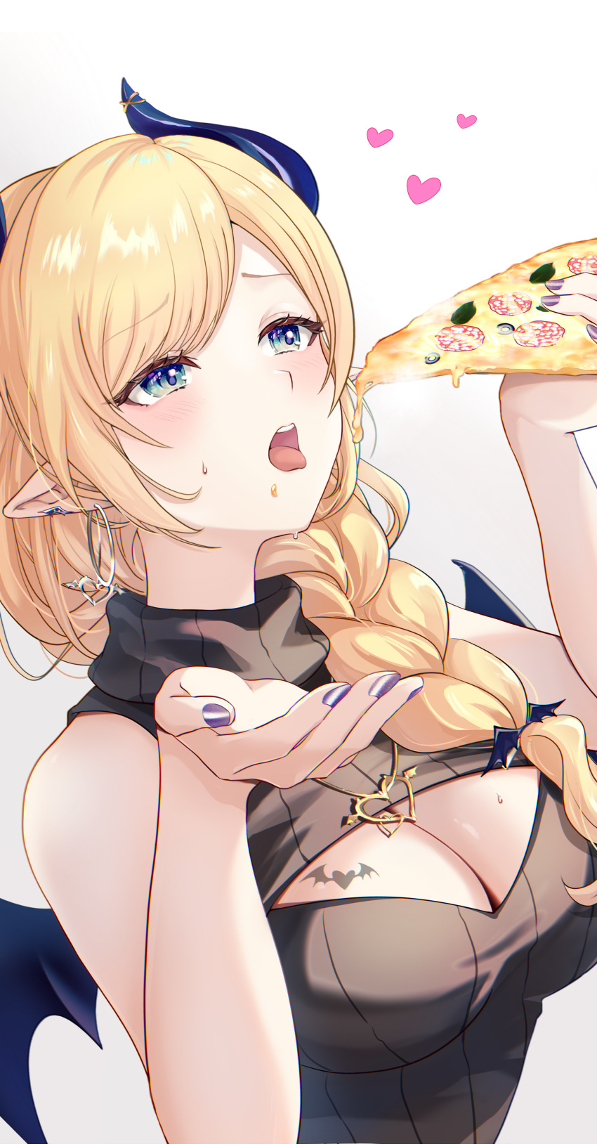 absurdres bare_shoulders blonde_hair blue_eyes blush braid breasts cleavage cleavage_cutout clothing_cutout demon_girl demon_horns demon_wings dress eating food heart highres holding holding_food holding_pizza hololive horns kudoukudokudo large_breasts looking_up pizza pointy_ears simple_background sleeveless sleeveless_dress sleeveless_sweater sweater sweater_dress tongue tongue_out upper_body white_background wings yuzuki_choco yuzuki_choco_(streetwear)