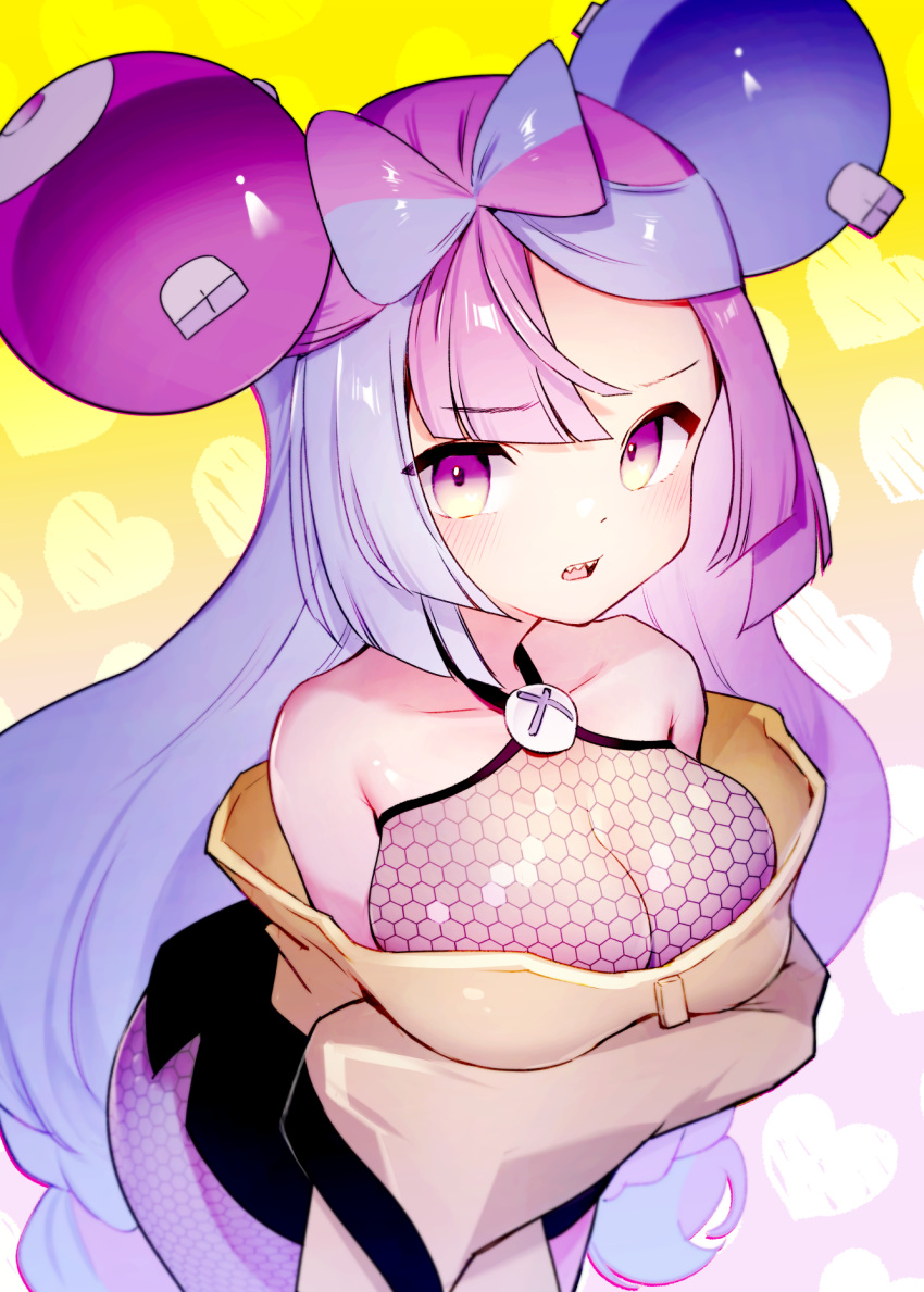 1girl bare_shoulders blue_hair blush breasts character_hair_ornament hair_ornament heart highres iono_(pokemon) jacket large_breasts long_hair looking_at_viewer low-tied_long_hair miya9 multicolored_hair off-shoulder_jacket off_shoulder open_mouth pokemon pokemon_sv purple_eyes purple_hair sharp_teeth solo split-color_hair teeth two-tone_hair very_long_hair yellow_jacket