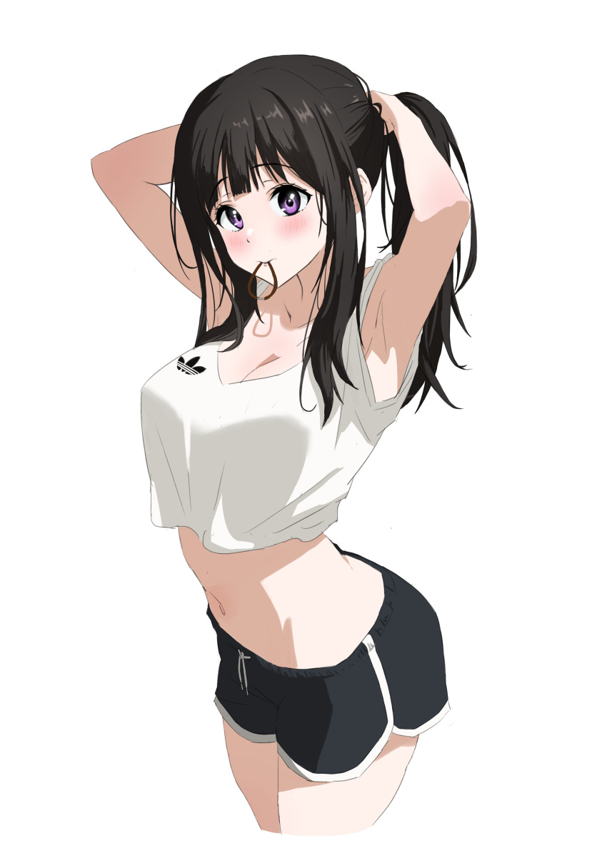 absurdres adidas awesome_crane black_hair breasts chitanda_eru hair_tie_in_mouth highres hyouka large_breasts long_hair midriff mouth_hold navel ponytail purple_eyes short_shorts shorts