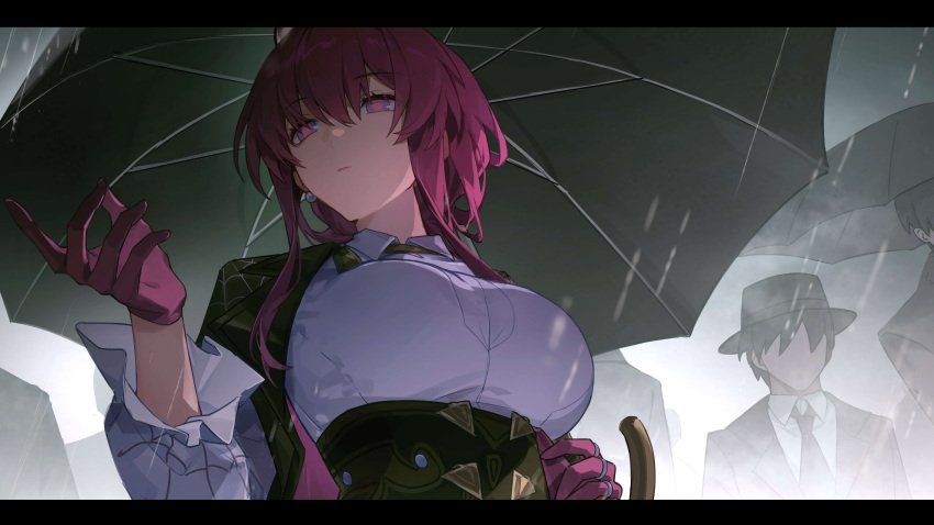 1girl absurdres black_coat breasts coat collared_shirt crowd gloves hair_between_eyes hand_up highres holding holding_umbrella honkai:_star_rail honkai_(series) kafka_(arknights) kafka_(honkai:_star_rail) large_breasts long_sleeves mikou_(mikou_minnow) purple_eyes purple_gloves purple_hair rain shirt spider_web_print umbrella upper_body white_shirt