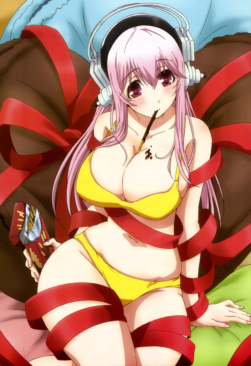 absurdres bikini blush breasts cleavage food headphones highres huge_breasts long_hair midriff mouth_hold nail_polish navel nitroplus non-web_source nyantype official_art pink_eyes pink_hair pocky red_eyes ribbon scan solo soniani super_sonico swimsuit tamura_masafumi wide_hips