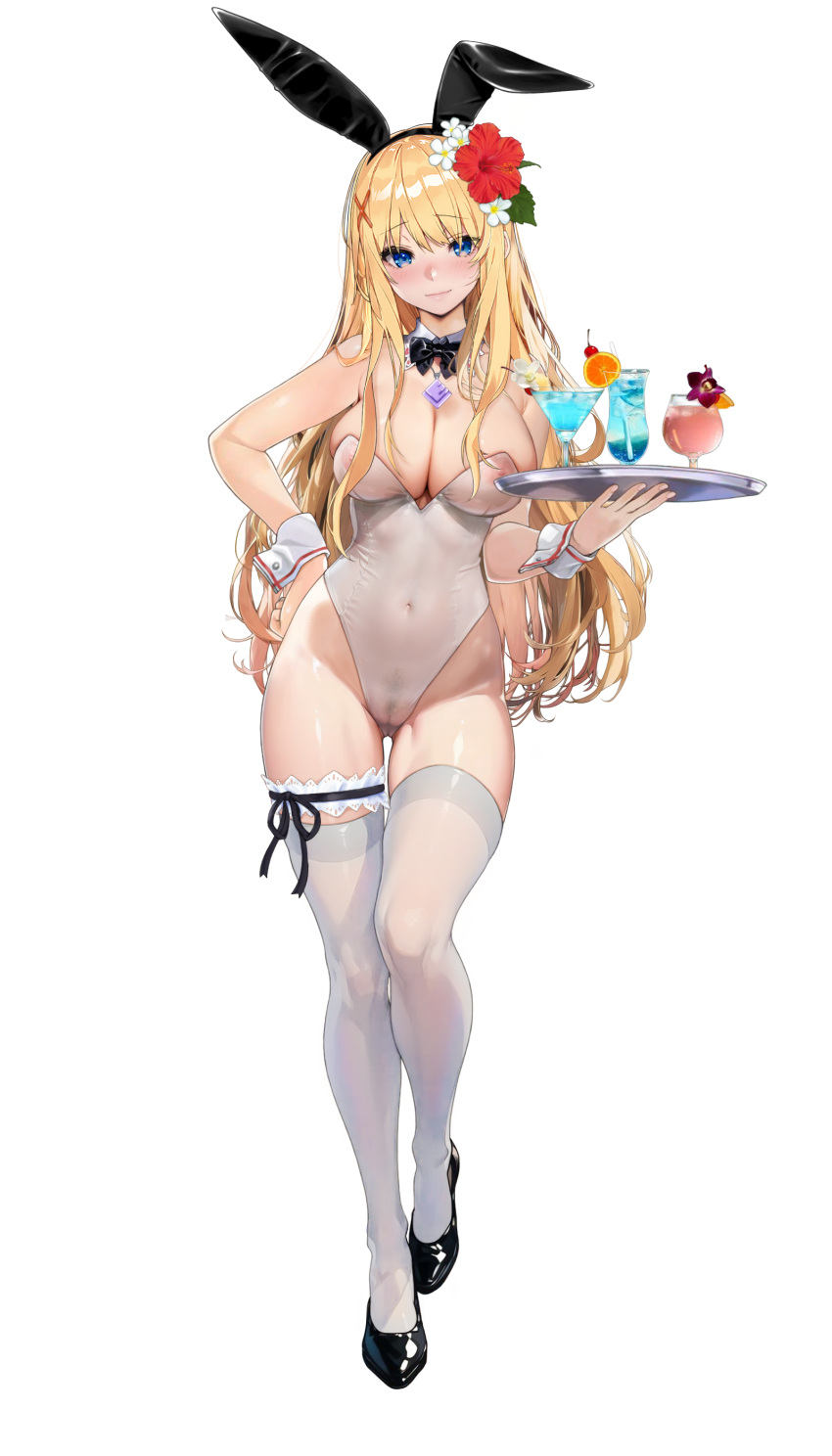 1girl absurdres animal_ears ass_visible_through_thighs ayase_shichikai bare_shoulders black_bow black_bowtie black_footwear blonde_hair blue_eyes blush bow bowtie breasts cameltoe cleavage closed_mouth collar covered_navel covered_nipples cup darkness_(konosuba) detached_collar drinking_glass fake_animal_ears female_pubic_hair flower full_body hair_flower hair_ornament highleg highleg_leotard highres holding holding_tray jewelry kono_subarashii_sekai_ni_shukufuku_wo! large_breasts leotard long_hair looking_at_viewer necklace playboy_bunny pubic_hair rabbit_ears see-through see-through_leotard shoes simple_background solo standing strapless strapless_leotard thigh_strap thighhighs traditional_bowtie tray white_background white_collar white_leotard white_thighhighs white_wrist_cuffs wrist_cuffs x_hair_ornament