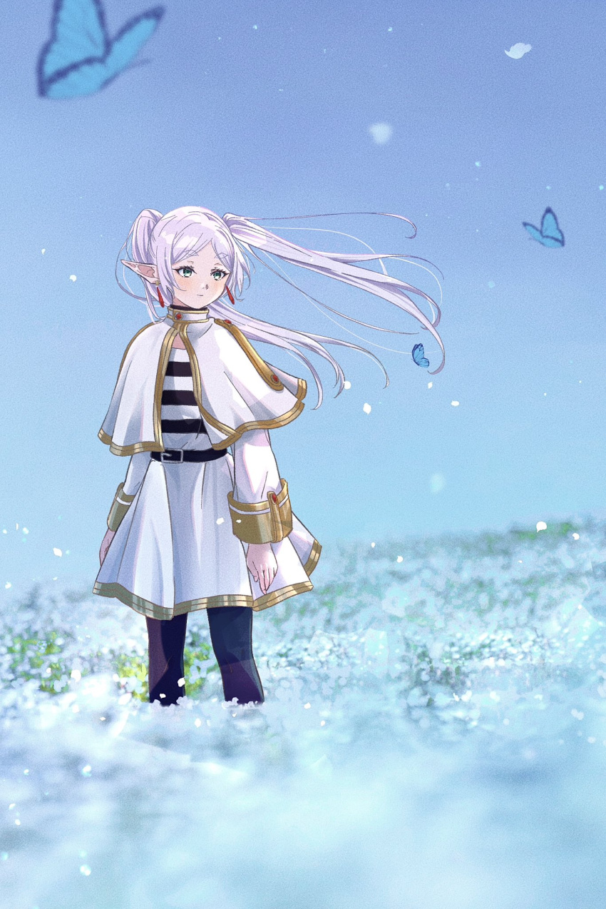 1girl black_pantyhose blue_butterfly blue_flower blue_sky bug butterfly capelet closed_mouth commentary_request day dress earrings elf falling_petals floating_hair flower frieren green_eyes highres jewelry long_hair long_sleeves meadow omichi_1219 outdoors pantyhose petals pointy_ears sky solo sousou_no_frieren thick_eyebrows twintails white_capelet white_dress white_hair