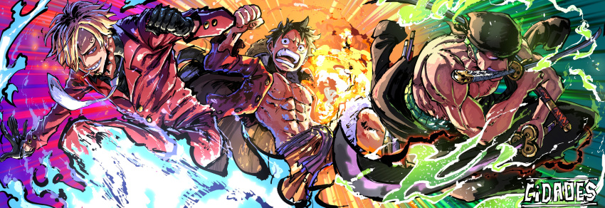 3boys absurdres artist_name aura bandana bare_pectorals black_gloves black_hair blonde_hair blue_fire cidades clenched_hand curly_eyebrows english_commentary fire gloves green_hair green_kimono haramaki highres holding holding_sword holding_weapon jacket japanese_clothes kimono looking_at_viewer male_focus monkey_d._luffy multiple_boys necktie one_piece open_clothes open_shirt orange_shorts pectorals purple_sash red_jacket red_shirt roronoa_zoro sanji_(one_piece) sash scar scar_on_face shirt short_hair shorts suit sword topless_male weapon weapon_in_mouth white_necktie